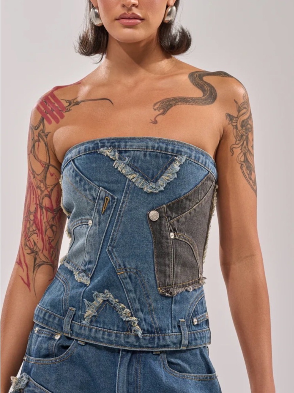 NWT AKIRA Strapless Patchwork Denim Bustier corset Top - Blue & Black size S